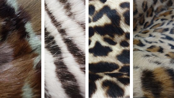 Pieles de conejo en estampado de camuflaje, cebra y leopardo